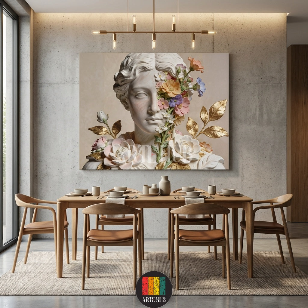 A beautiful canvas print from Artehub featuring a white marble classical bust statue with colorful flowers blooming on its face and golden leaves, perfect for Egyptian home decor.

لوحة كانفاس من آرت هوب تصور تمثال نصفي كلاسيكي من الرخام الأبيض مع زهور ملونة تتفتح على الوجه وأوراق ذهبية، مثالية لتزيين جدران المنازل في مصر.