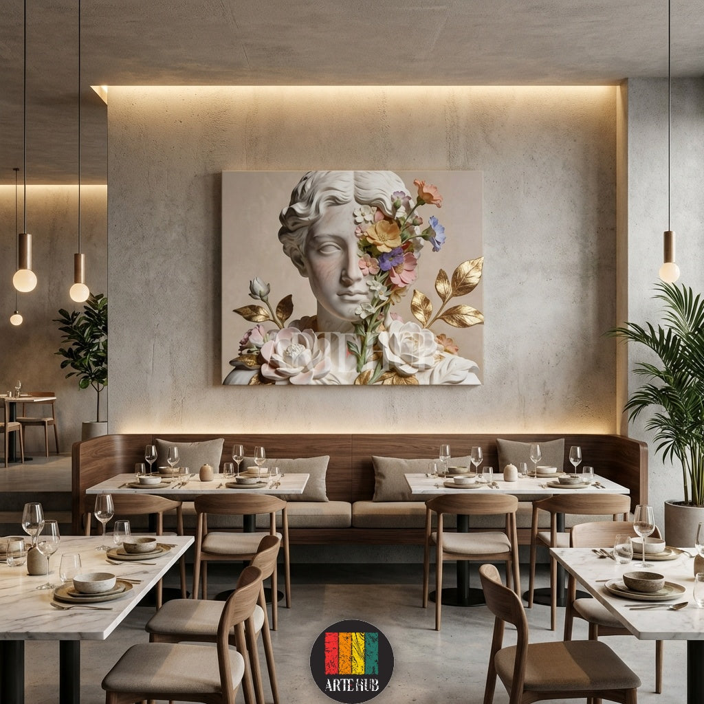 A beautiful canvas print from Artehub featuring a white marble classical bust statue with colorful flowers blooming on its face and golden leaves, perfect for Egyptian home decor.

لوحة كانفاس من آرت هوب تصور تمثال نصفي كلاسيكي من الرخام الأبيض مع زهور ملونة تتفتح على الوجه وأوراق ذهبية، مثالية لتزيين جدران المنازل في مصر.