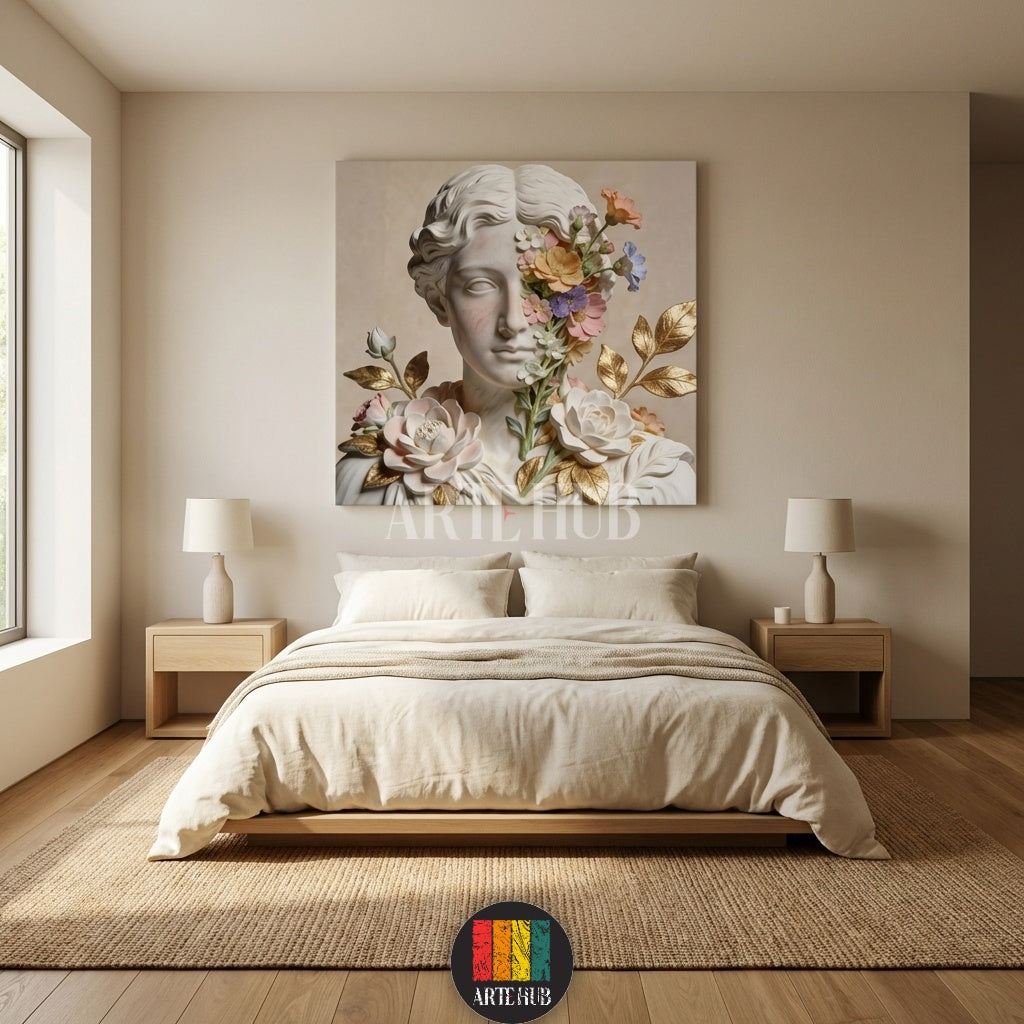 A beautiful canvas print from Artehub featuring a white marble classical bust statue with colorful flowers blooming on its face and golden leaves, perfect for Egyptian home decor.

لوحة كانفاس من آرت هوب تصور تمثال نصفي كلاسيكي من الرخام الأبيض مع زهور ملونة تتفتح على الوجه وأوراق ذهبية، مثالية لتزيين جدران المنازل في مصر.