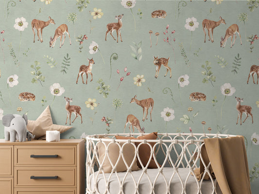 Dancing Deer - Green luxury wallpaper in kids room interior — Artehub Egypt