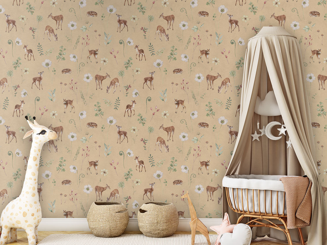Dancing Deer - Yellow luxury wallpaper in kids room interior — Artehub Egypt