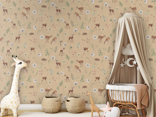 Dancing Deer - Yellow luxury wallpaper in kids room interior — Artehub Egypt