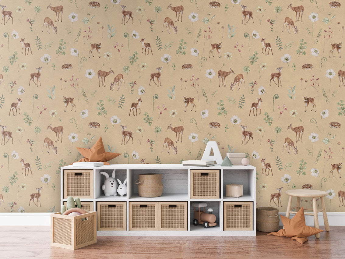 Dancing Deer - Yellow luxury wallpaper in kids room interior — Artehub Egypt