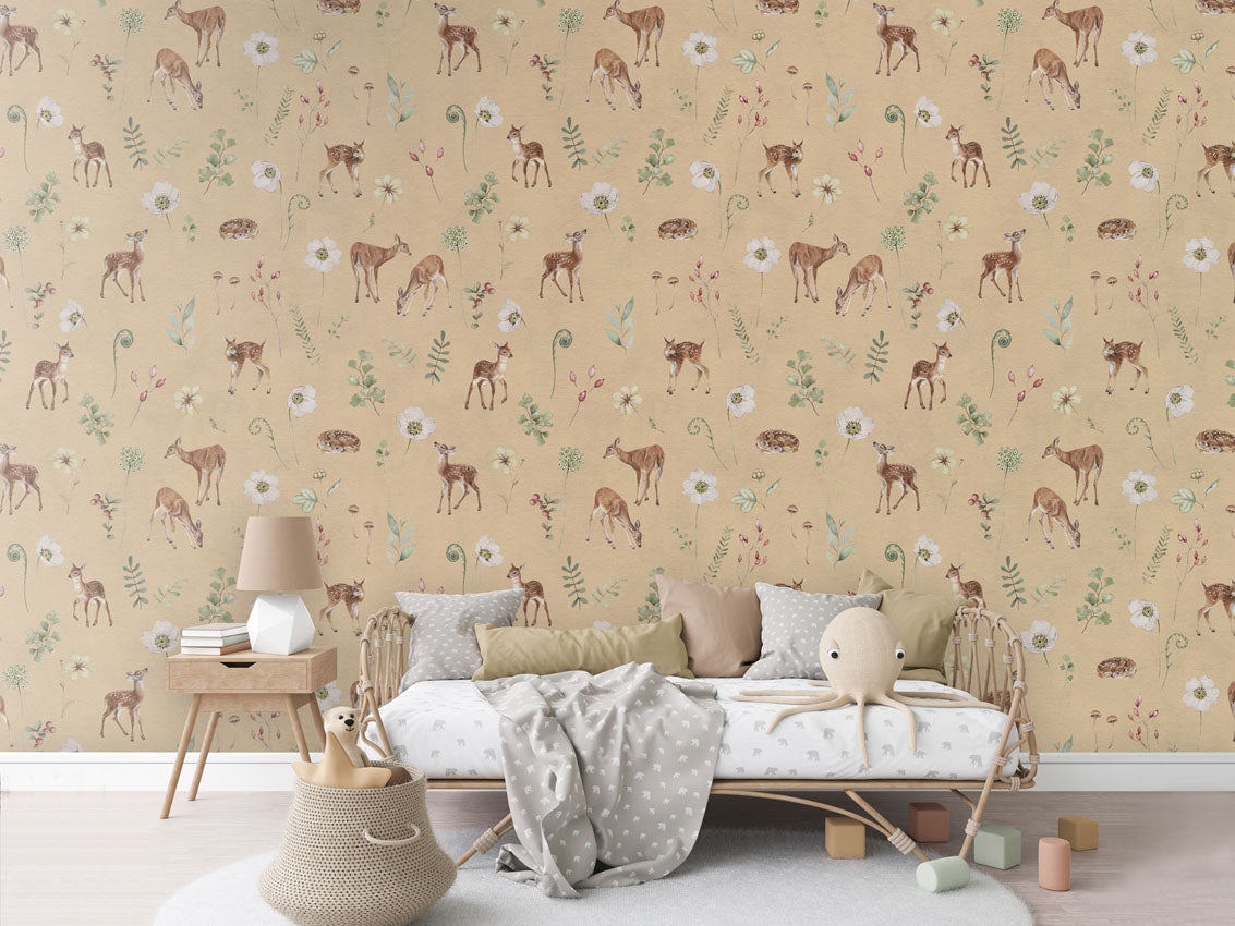 Dancing Deer - Yellow luxury wallpaper in kids room interior — Artehub Egypt