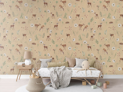 Dancing Deer - Yellow luxury wallpaper in kids room interior — Artehub Egypt