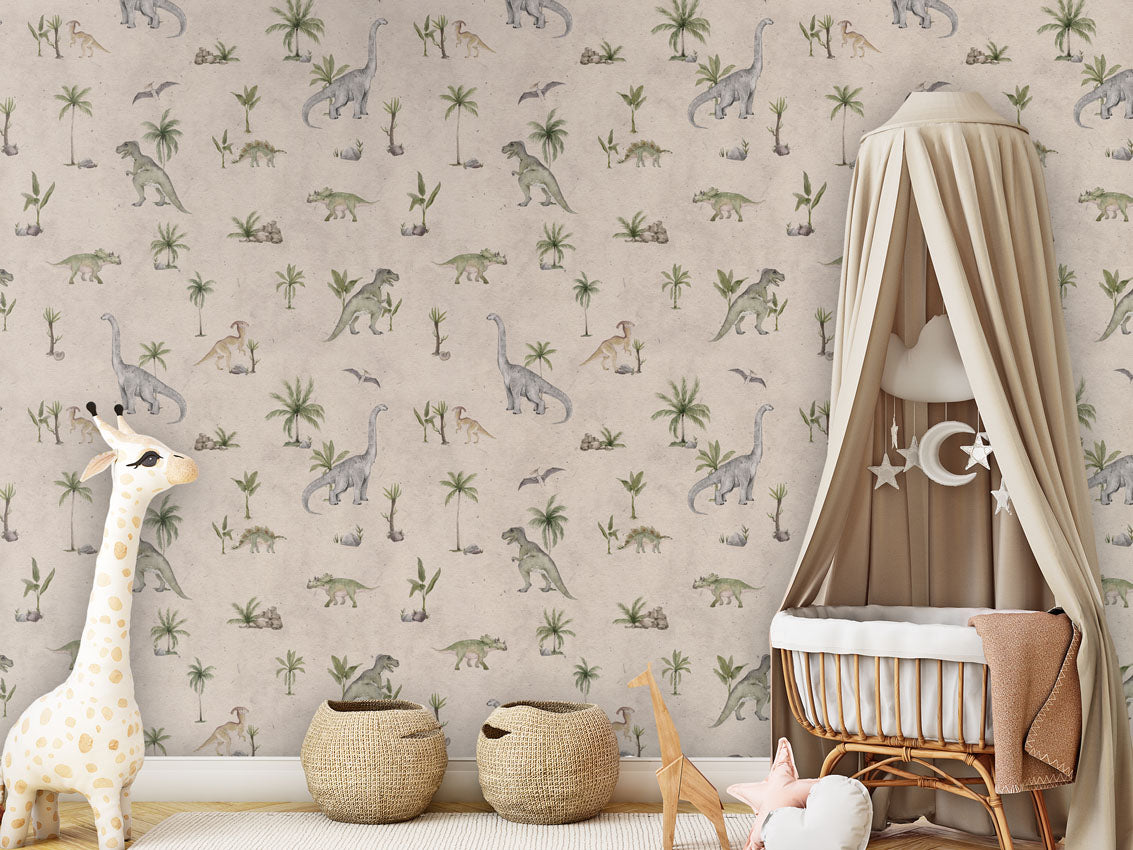 Dashing Dinos - Sand luxury wallpaper in kids room interior — Artehub Egypt