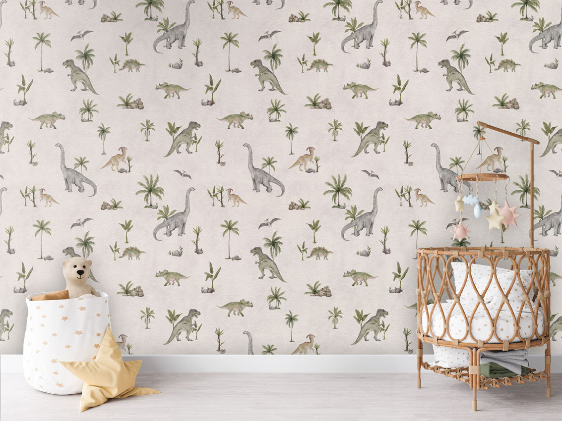 Dashing Dinos - White luxury wallpaper in kids room interior — Artehub Egypt