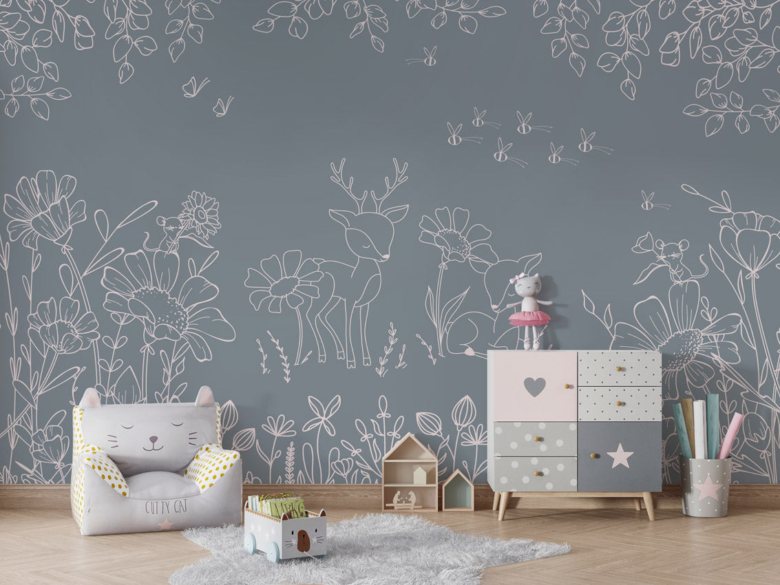 Deer Doodles - blue kids room wallpaper interior — premium wallpaper by Artehub Egypt