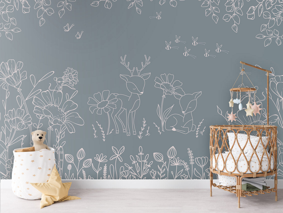 Deer Doodles - blue kids room wallpaper interior — premium wallpaper by Artehub Egypt