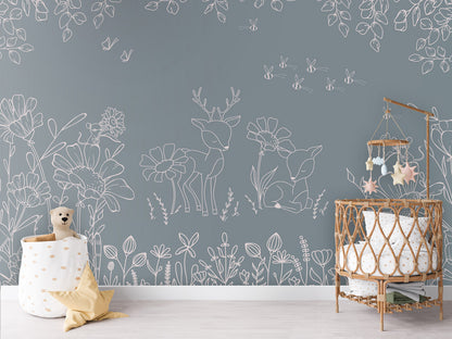 Deer Doodles - blue kids room wallpaper interior — premium wallpaper by Artehub Egypt