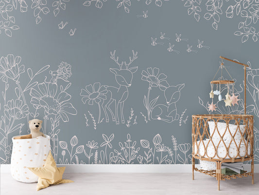 Deer Doodles - blue kids room wallpaper interior — premium wallpaper by Artehub Egypt