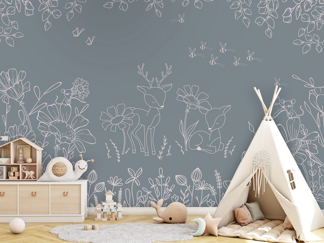Deer Doodles - blue kids room wallpaper interior — premium wallpaper by Artehub Egypt