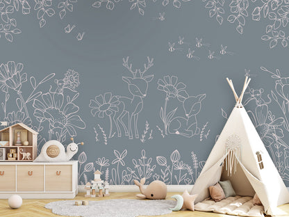 Deer Doodles - blue kids room wallpaper interior — premium wallpaper by Artehub Egypt