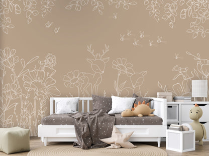 Deer Doodles - brown kids room wallpaper interior — premium wallpaper by Artehub Egypt
