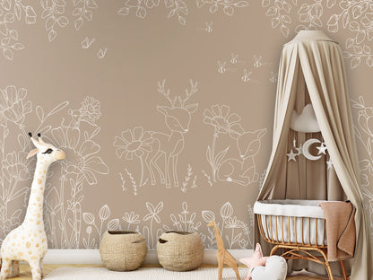 Deer Doodles - brown kids room wallpaper interior — premium wallpaper by Artehub Egypt