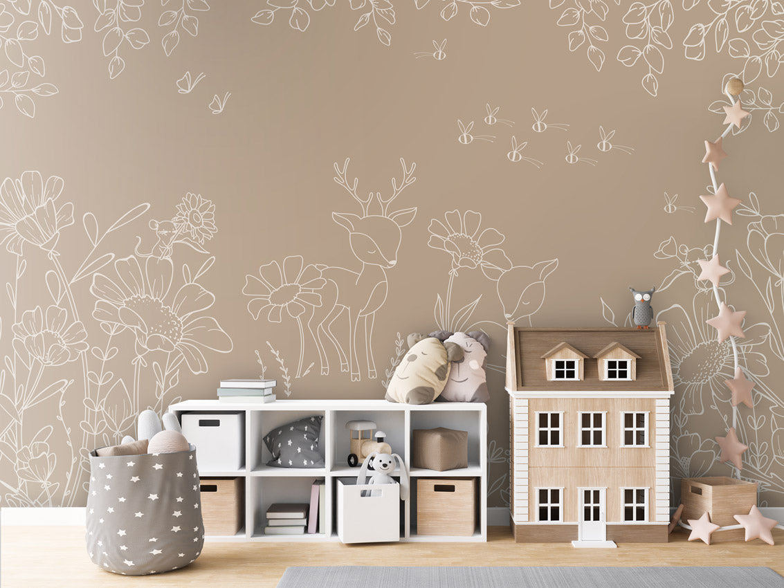 Deer Doodles - brown kids room wallpaper interior — premium wallpaper by Artehub Egypt