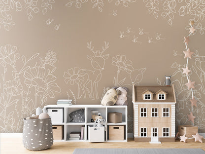 Deer Doodles - brown kids room wallpaper interior — premium wallpaper by Artehub Egypt