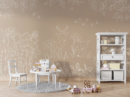 Deer Doodles - brown kids room wallpaper interior — premium wallpaper by Artehub Egypt