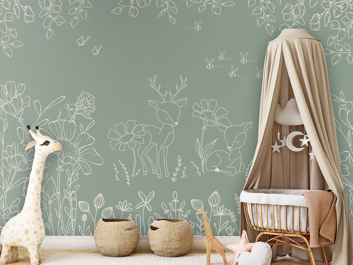 Deer Doodles - green kids room wallpaper interior — premium wallpaper by Artehub Egypt
