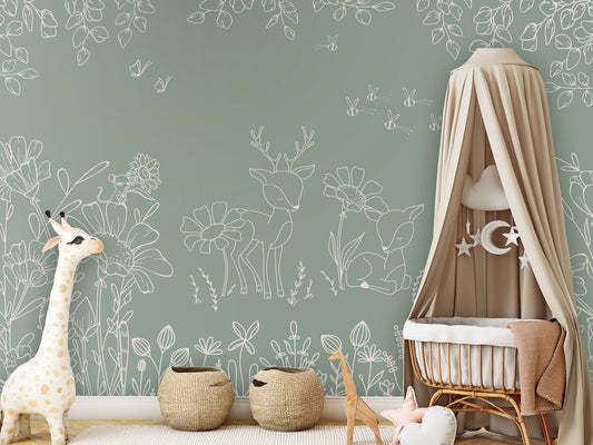 Deer Doodles - green kids room wallpaper interior — premium wallpaper by Artehub Egypt