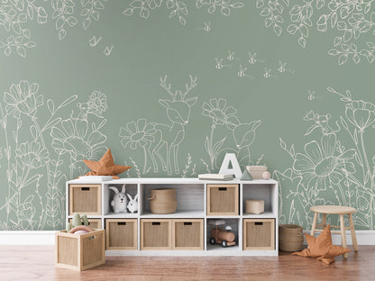 Deer Doodles - green kids room wallpaper interior — premium wallpaper by Artehub Egypt
