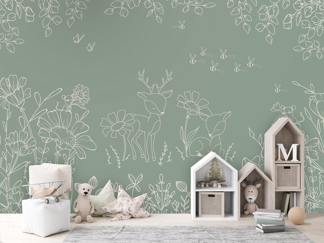 Deer Doodles - green kids room wallpaper interior — premium wallpaper by Artehub Egypt
