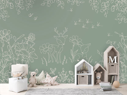 Deer Doodles - green kids room wallpaper interior — premium wallpaper by Artehub Egypt