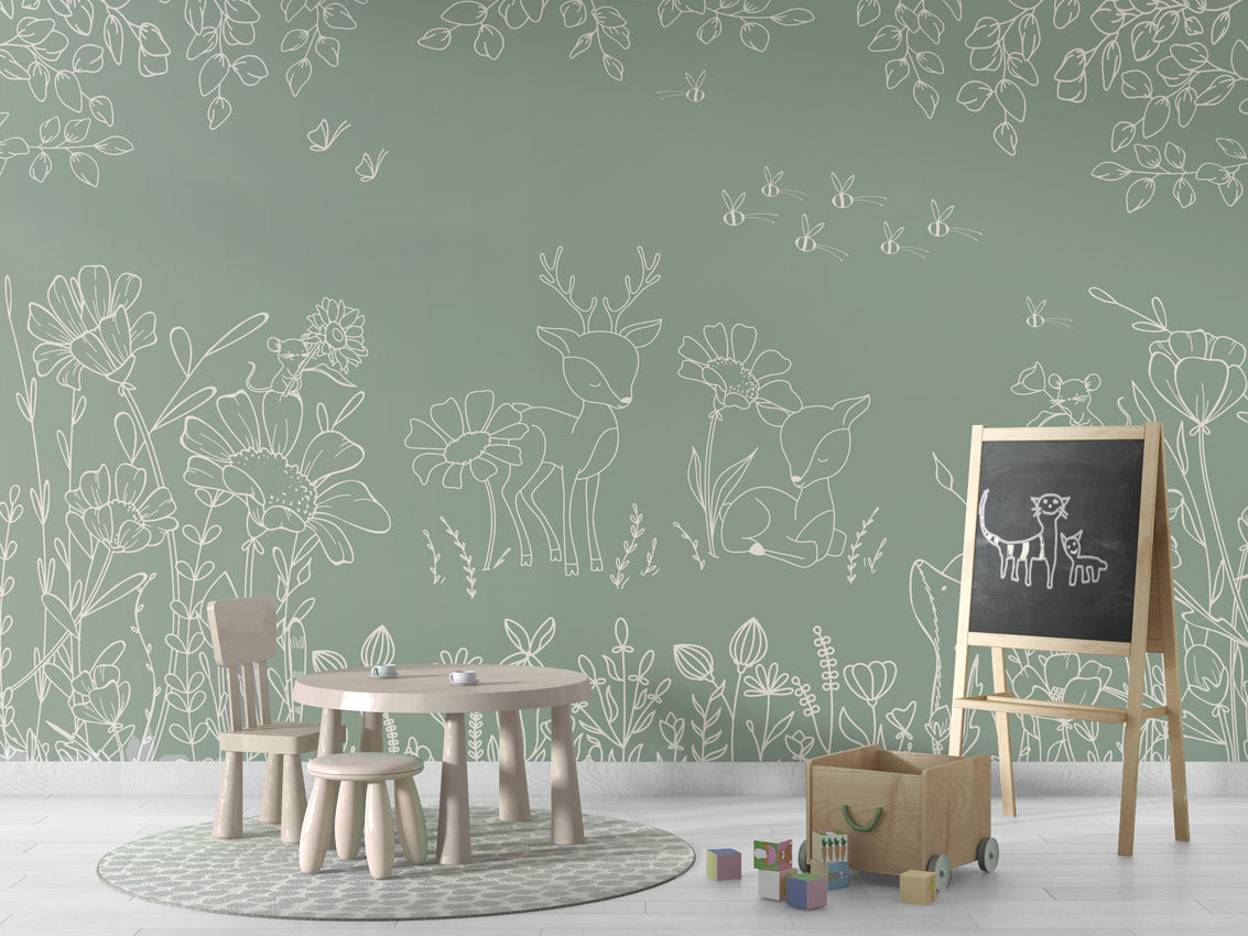 Deer Doodles - green kids room wallpaper interior — premium wallpaper by Artehub Egypt