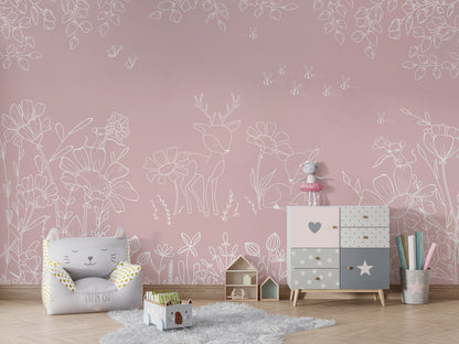 Deer Doodles - pink kids room wallpaper interior — premium wallpaper by Artehub Egypt