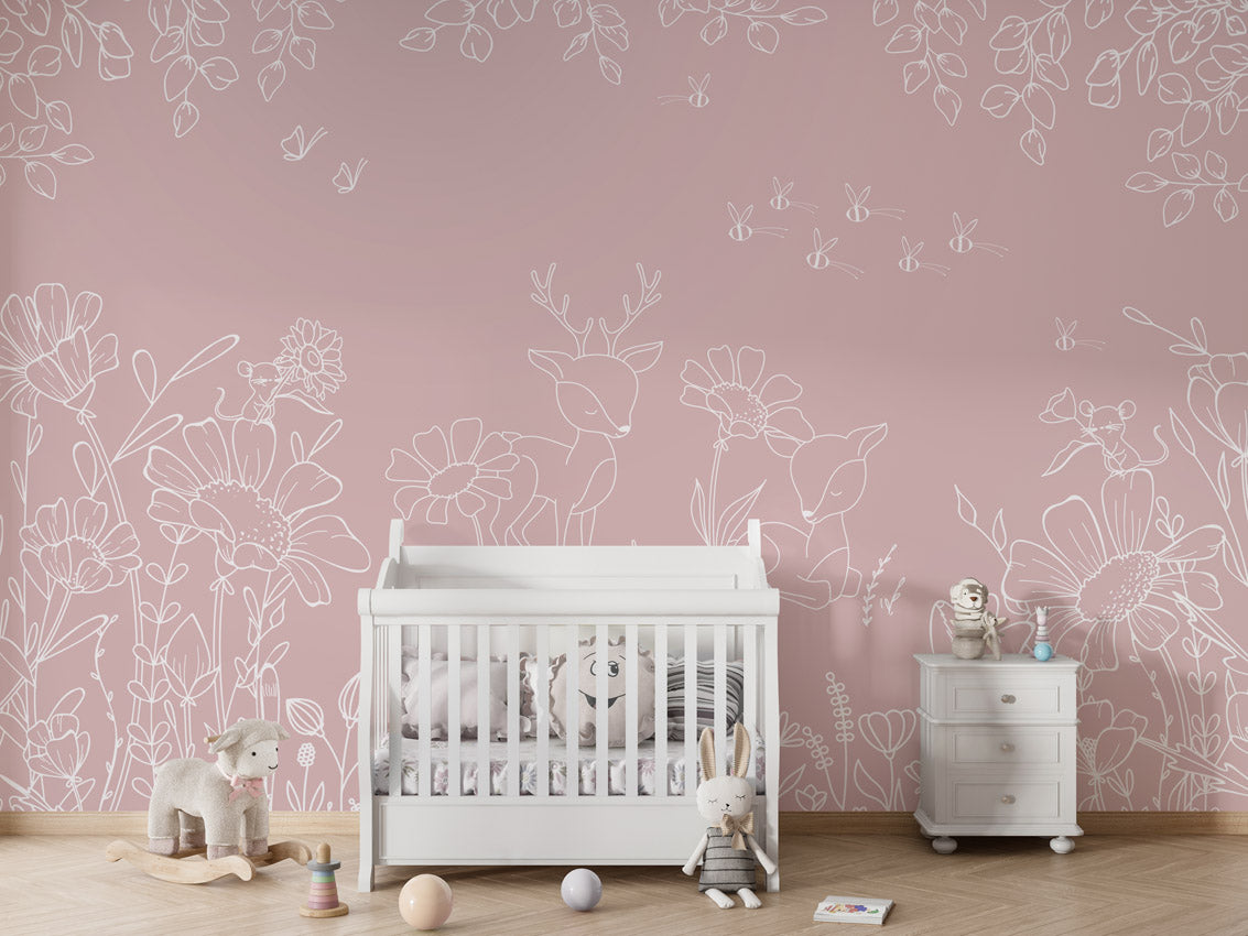 Deer Doodles - pink kids room wallpaper interior — premium wallpaper by Artehub Egypt