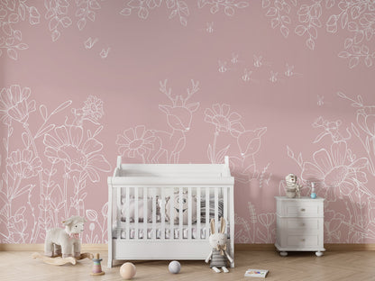 Deer Doodles - pink kids room wallpaper interior — premium wallpaper by Artehub Egypt