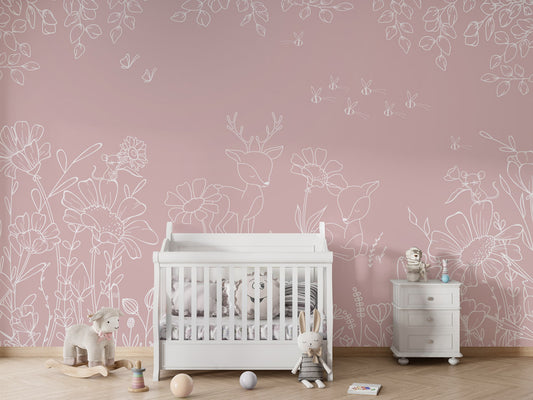 Deer Doodles - pink kids room wallpaper interior — premium wallpaper by Artehub Egypt