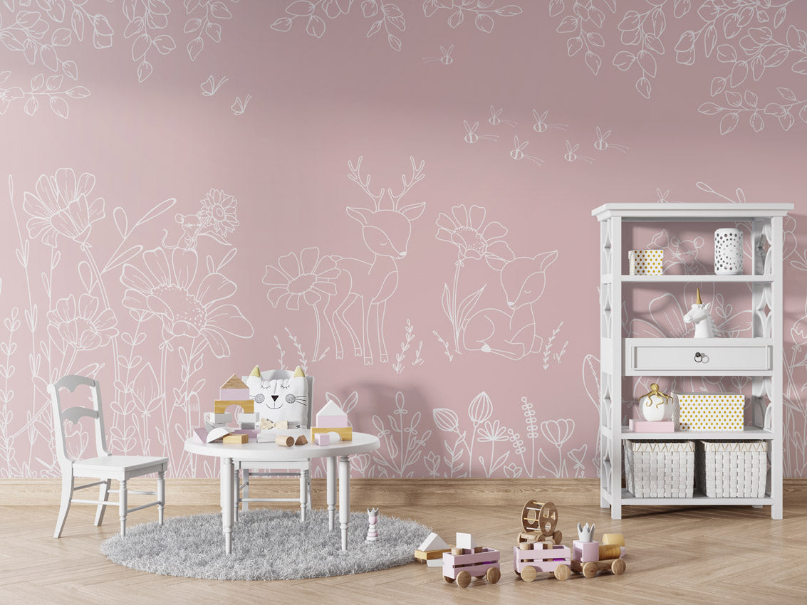 Deer Doodles - pink kids room wallpaper interior — premium wallpaper by Artehub Egypt