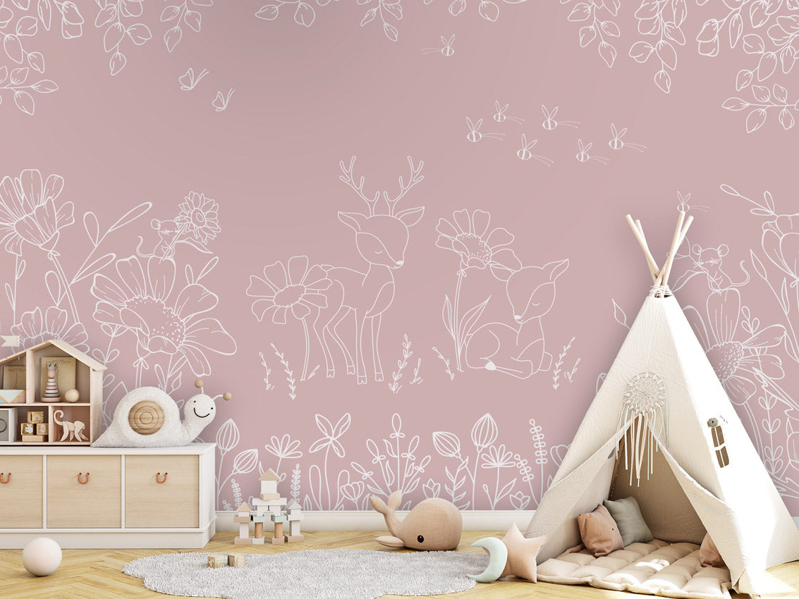 Deer Doodles - pink kids room wallpaper interior — premium wallpaper by Artehub Egypt