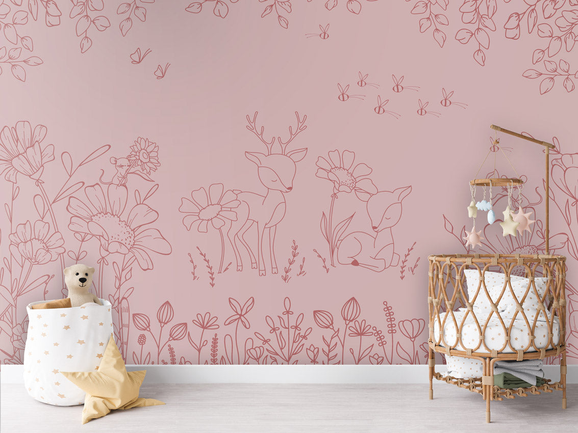 Deer Doodles - pink dark kids room wallpaper interior — premium wallpaper by Artehub Egypt