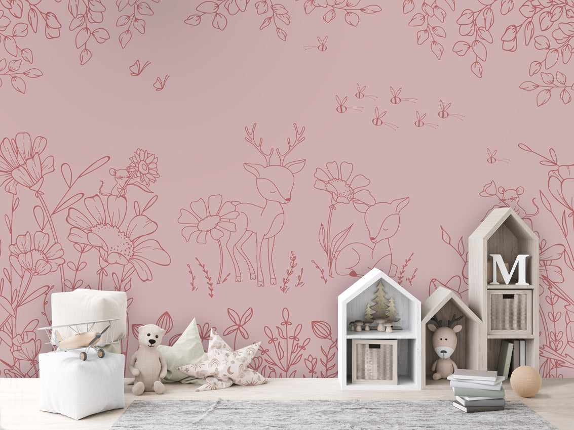 Deer Doodles - pink dark kids room wallpaper interior — premium wallpaper by Artehub Egypt