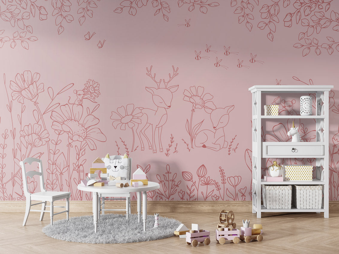 Deer Doodles - pink dark kids room wallpaper interior — premium wallpaper by Artehub Egypt