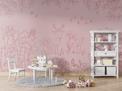 Deer Doodles - pink dark kids room wallpaper interior — premium wallpaper by Artehub Egypt