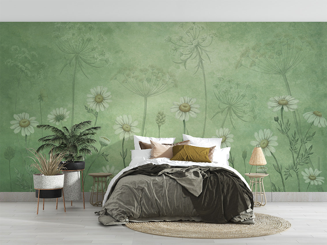 Dazzling Daisies - Green luxury wallpaper interior room:bedroom — Artehub Egypt