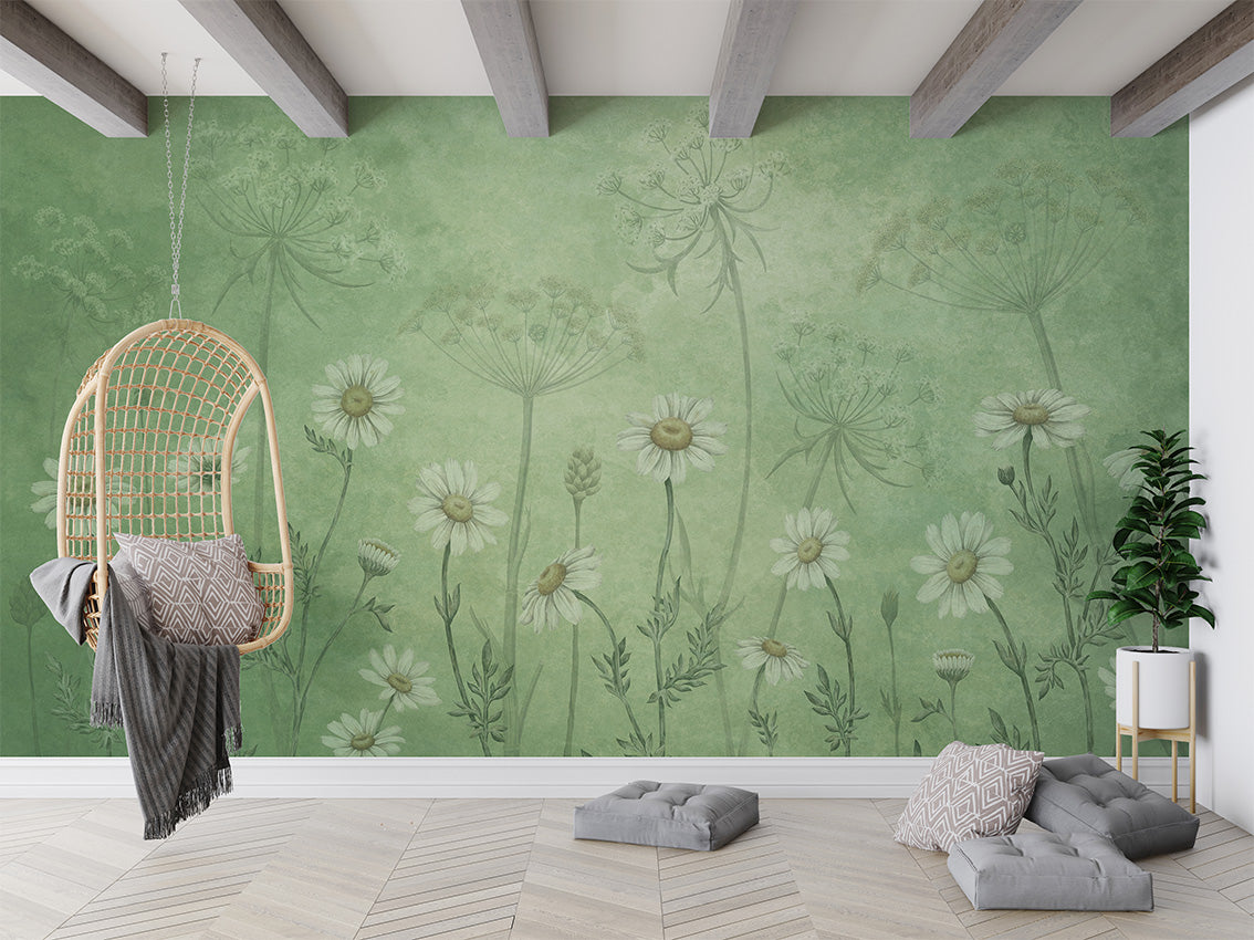 Dazzling Daisies - Green luxury wallpaper interior room:livingroom — Artehub Egypt