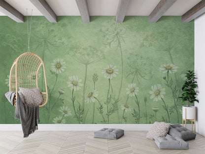 Dazzling Daisies - Green luxury wallpaper interior room:livingroom — Artehub Egypt