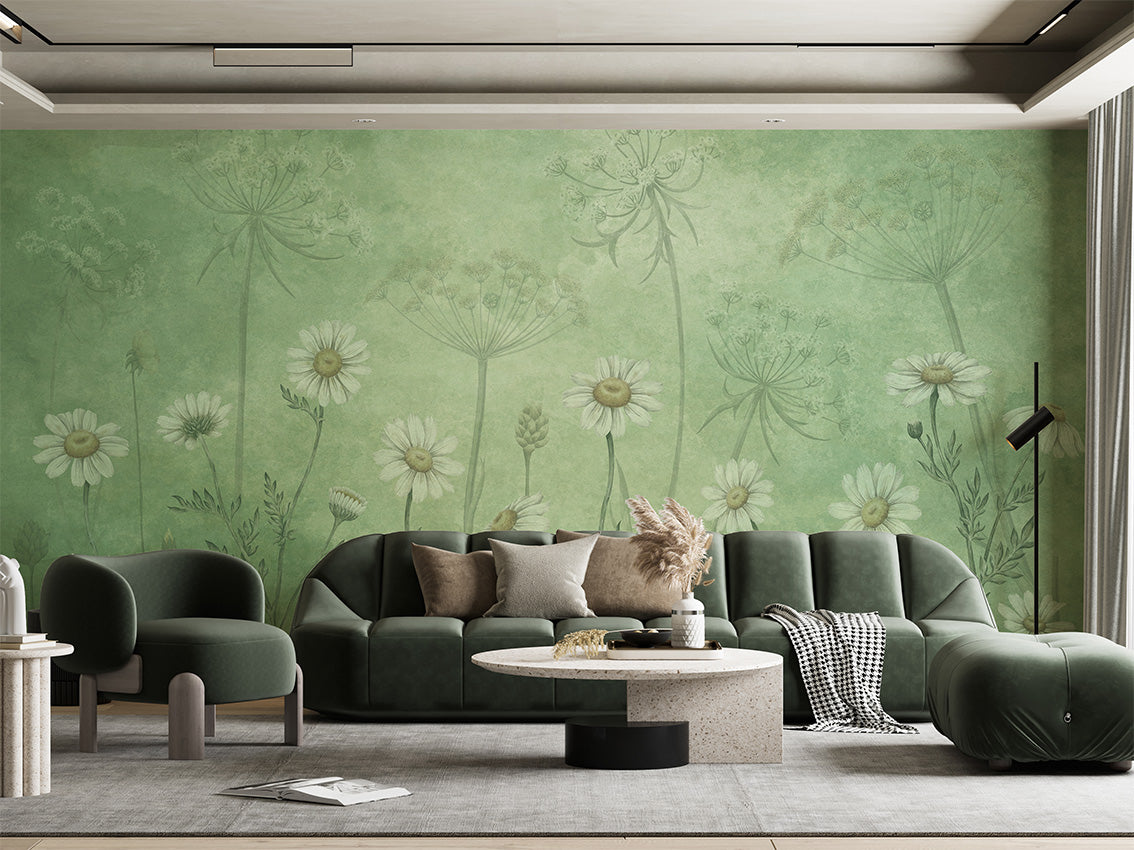 Dazzling Daisies - Green luxury wallpaper interior room:livingroom — Artehub Egypt