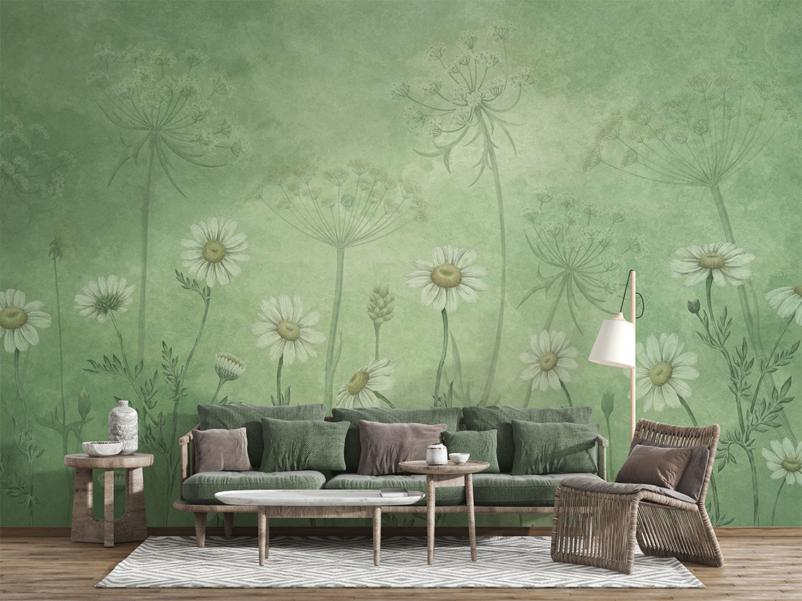 Dazzling Daisies - Green luxury wallpaper interior room:livingroom — Artehub Egypt