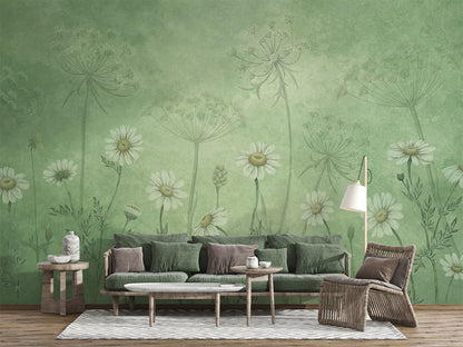 Dazzling Daisies - Green luxury wallpaper interior room:livingroom — Artehub Egypt