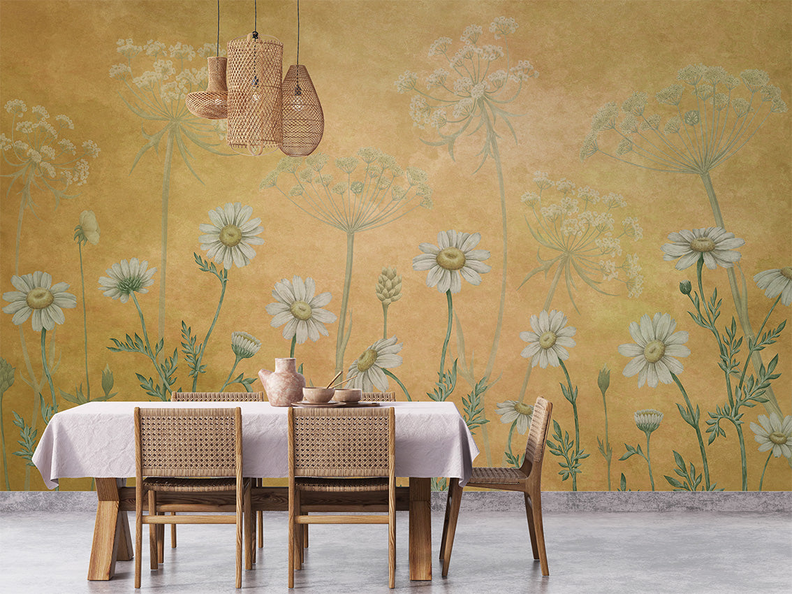 Dazzling Daisies - Yellow luxury wallpaper interior room:diningroom — Artehub Egypt