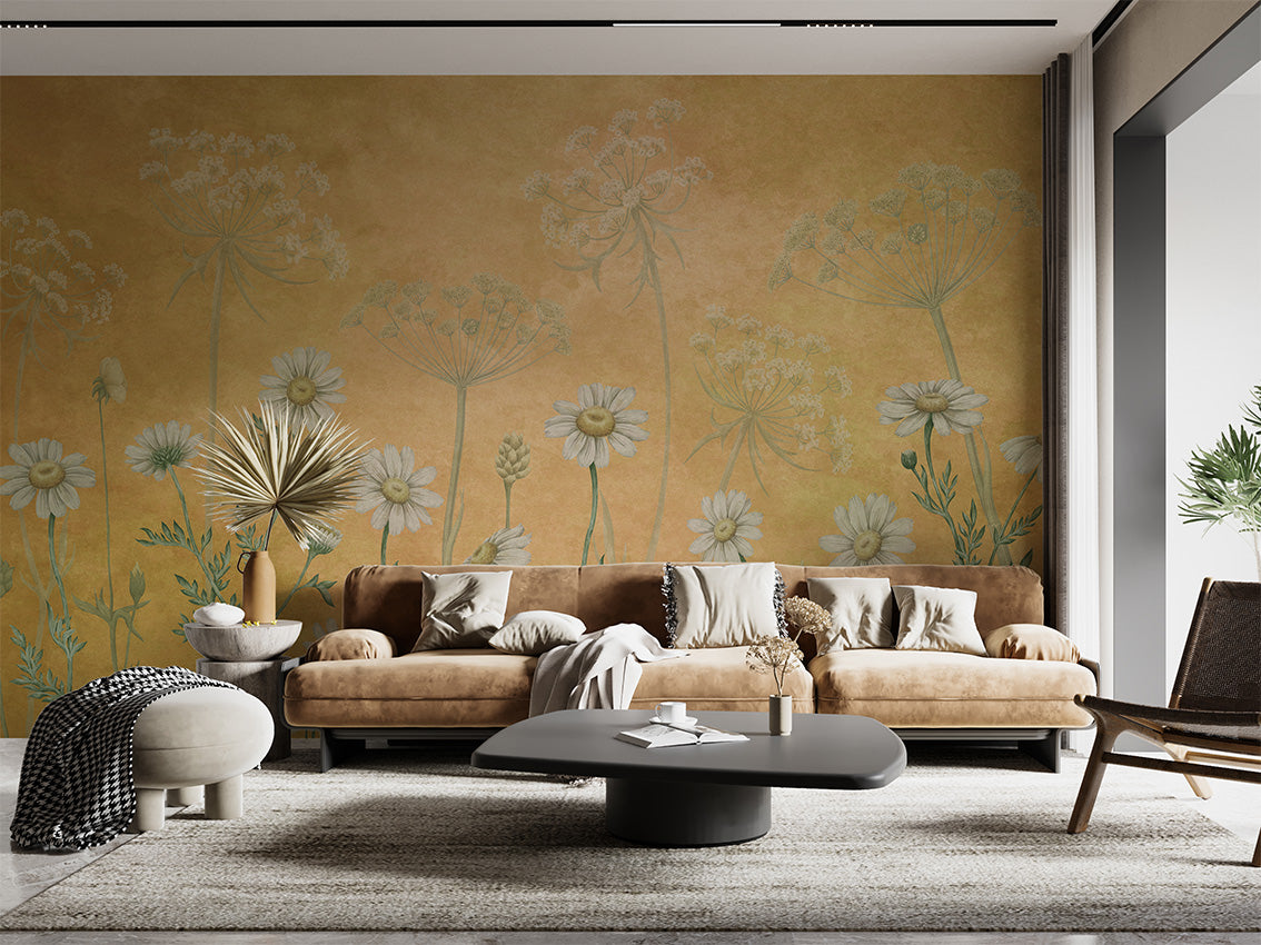 Dazzling Daisies - Yellow luxury wallpaper interior room:livingroom — Artehub Egypt