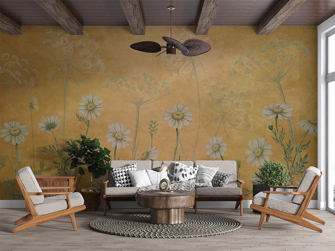 Dazzling Daisies - Yellow luxury wallpaper interior room:livingroom — Artehub Egypt