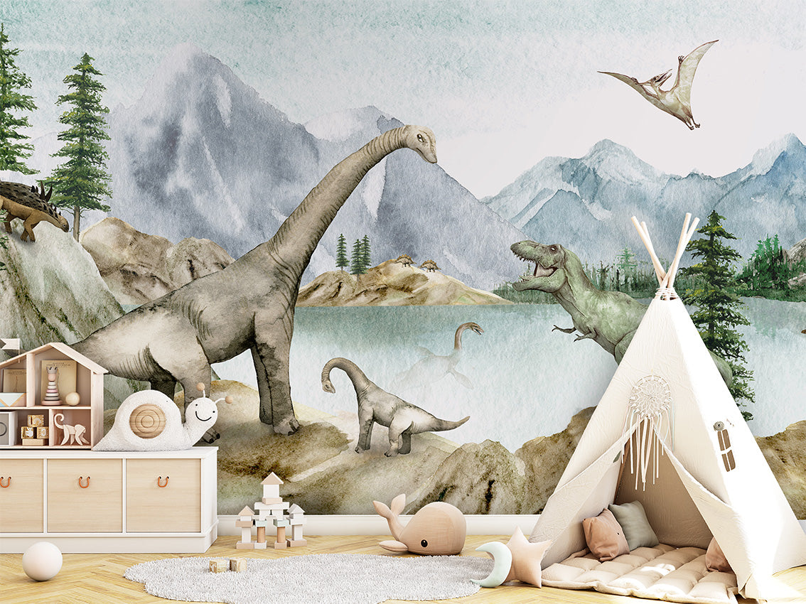 Dino Dreams luxury wallpaper in kids room interior — Artehub Egypt