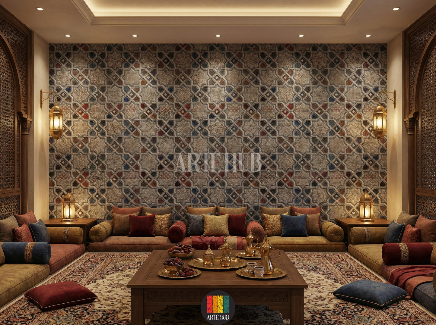 A stylish majles room showcasing a detailed geometric mosaic wallpaper with intricate star and diamond patterns in grey, red, blue, and gold tones. This stunning wall art, perfect for modern Egyptian interiors, enhances the ambiance of any contemporary home decor project in Egypt.
صورة لغرفة مجلس عصرية تضم ورق حائط مميز بتصميم فسيفساء هندسي ونقوش نجمية وماسية باللون الرمادي، الأزرق، الأحمر، وتفاصيل ذهبية. هذا الديكور الجداري الأنيق مثالي للمنازل العصرية في مصر، ويضيف لمسة فنية راقية.
room: majles room