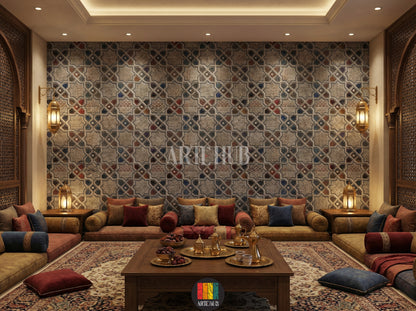 A stylish majles room showcasing a detailed geometric mosaic wallpaper with intricate star and diamond patterns in grey, red, blue, and gold tones. This stunning wall art, perfect for modern Egyptian interiors, enhances the ambiance of any contemporary home decor project in Egypt.
صورة لغرفة مجلس عصرية تضم ورق حائط مميز بتصميم فسيفساء هندسي ونقوش نجمية وماسية باللون الرمادي، الأزرق، الأحمر، وتفاصيل ذهبية. هذا الديكور الجداري الأنيق مثالي للمنازل العصرية في مصر، ويضيف لمسة فنية راقية.
room: majles room